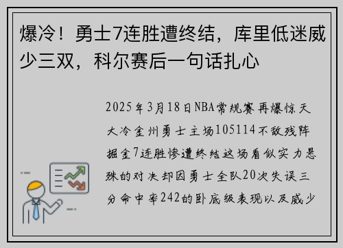 爆冷！勇士7连胜遭终结，库里低迷威少三双，科尔赛后一句话扎心