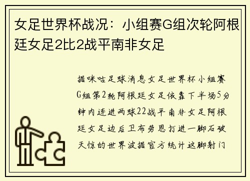 女足世界杯战况：小组赛G组次轮阿根廷女足2比2战平南非女足