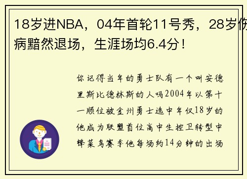 18岁进NBA，04年首轮11号秀，28岁伤病黯然退场，生涯场均6.4分！
